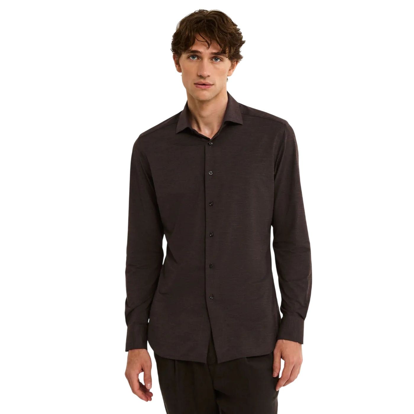 Camicia Uomo Marrone tinta unita, con colletto alla francese semirigido 