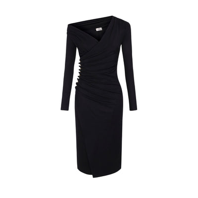 Acquista subito l'Abito donna, in jersey, scollo asimmetrico, drappeggio laterale e spacco laterale, firmato Elisabetta Franchi su Old England: vieni a scoprire tutta la collezione sul nostro sito  