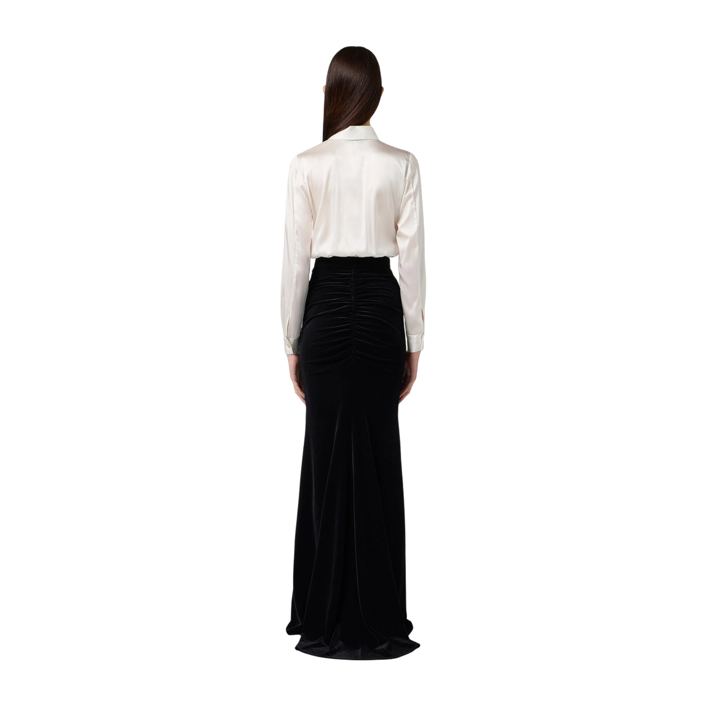 Abito lungo donna in raso e velluto bicolor modella retro