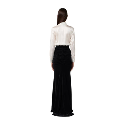 Abito lungo donna in raso e velluto bicolor modella retro