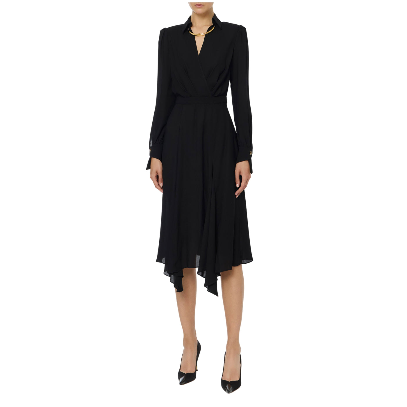 Acquista subito l'Abito Donna con scollo a V incrociato, gonna svasata a spicchi e collana amovibile a elementi tubolari, firmato Elisabetta Franchi su Old England: vieni a scoprire tutta la collezione sul nostro sito