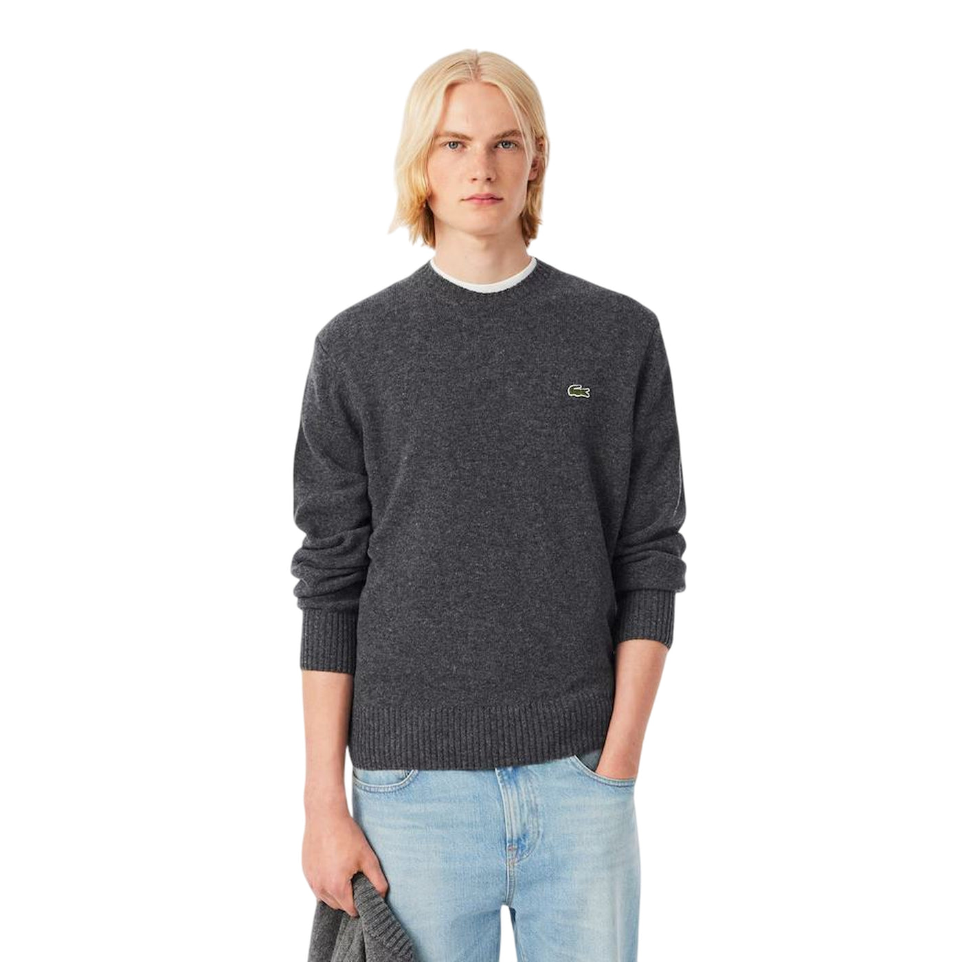 Maglione Uomo a girocollo in lana cardata Grigio modello frontale