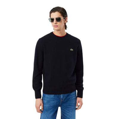 Maglione Uomo a girocollo in lana cardata Navy modello frontale