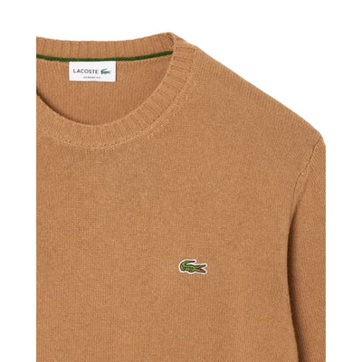 Maglione Uomo a girocollo in lana cardata Marrone dettaglio logo 