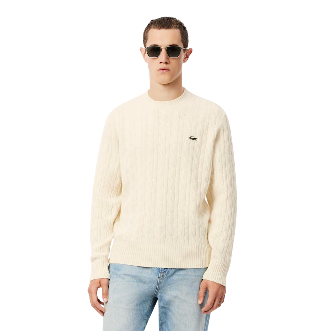 Maglione Uomo girocollo a trecce Beige modello frontale