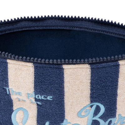 Pochette Donna effetto spugna a righe navy/beige dettaglio zip aperta