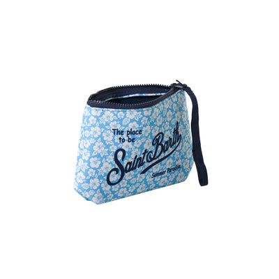 Pochette Donna Aline Celeste con stampa fiori bianchi con zip aperta