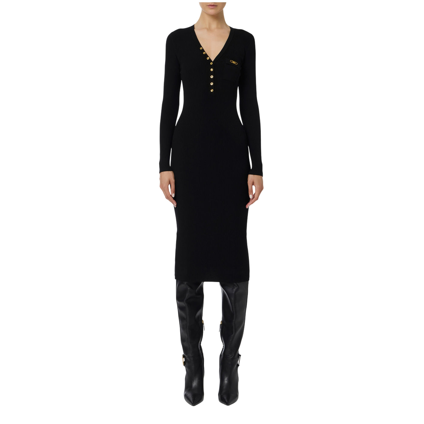 Acquista subito l'Abito Donna, in maglia, con scollo a V e bottoni dorati e taschino in raso con logo in metallo dorato firmato Elisabetta Franchi, su Old England: vieni a scoprire tutta la collezione sul nostro sito