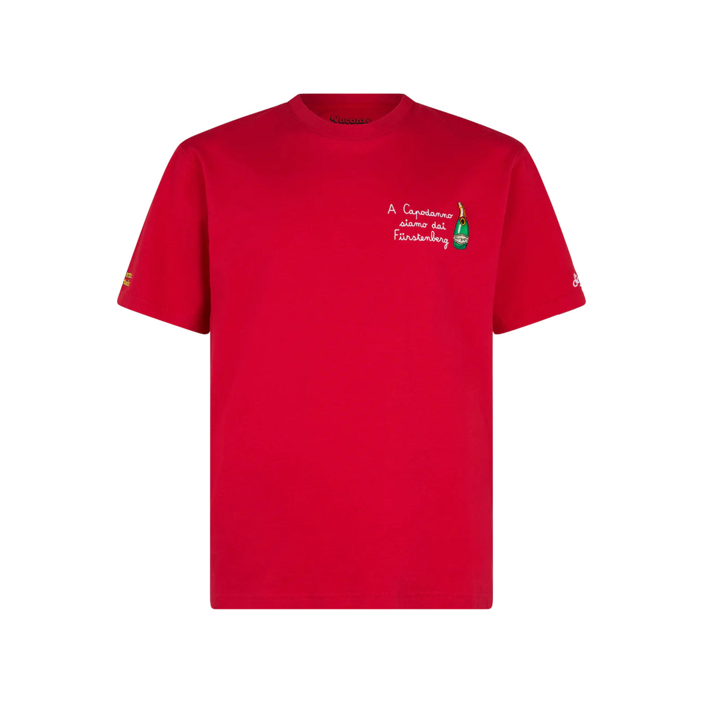 T-shirt con ricamo St Barth e vacanze di Natale sulla manica
ricamo A Capodanno siamo dai Furstenbergs