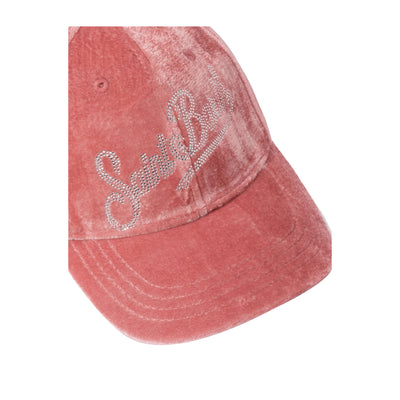 Dettaglio Cappello da baseball in velluto rosa con logo con strass