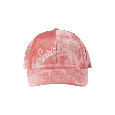 Cappello da baseball in velluto rosa con logo con strass