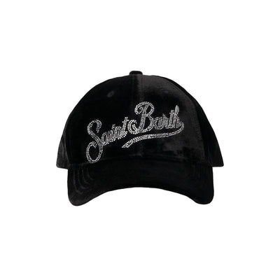 Cappellino da baseball in velluto nero con logo in strass