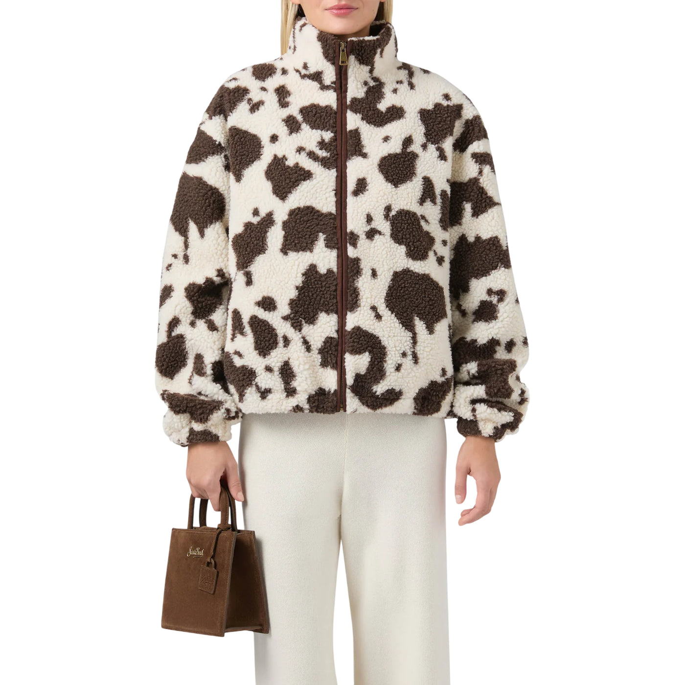 Giubbotto Donna Teddy Bercy con stampa muccata modella frontale