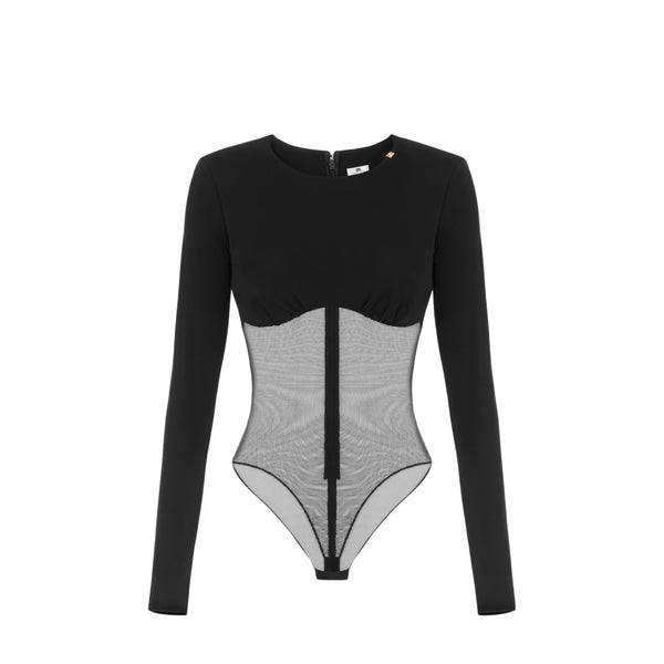 Body Donna Nero con inserti in tulle e zip