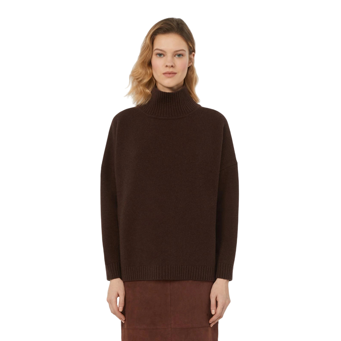 Maglia Donna a collo alto Marrone modella  frontale