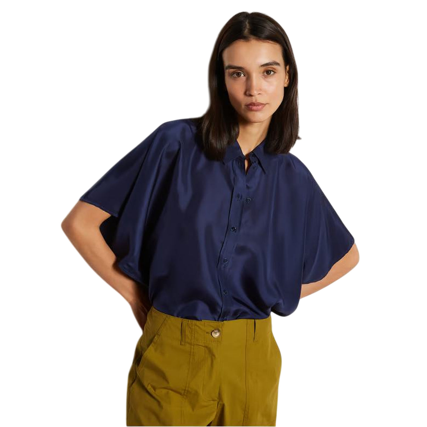Camicia Donna Brooklyn in tinta unita navy modella frontale