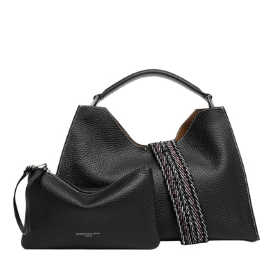 Borsa Donna trapezoidale in pelle nera con pochette