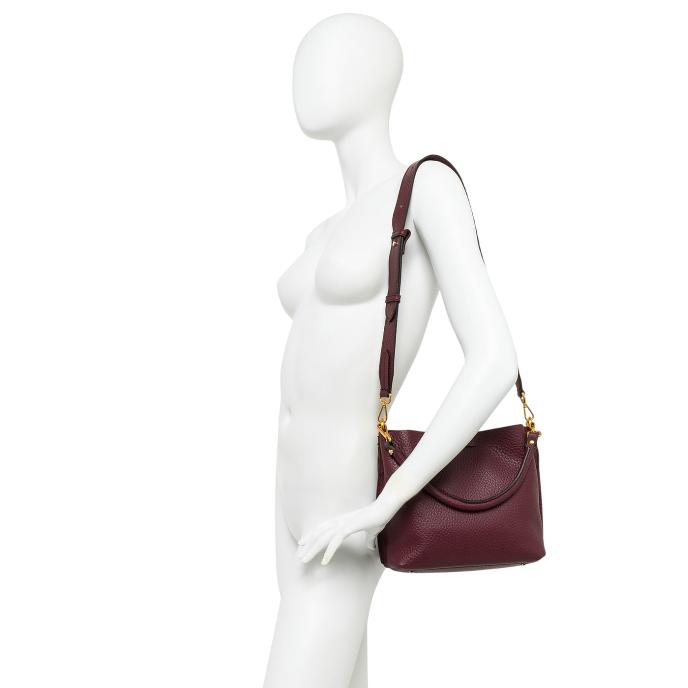 Borsa a mano Donna con manico con moschettoni Bordeaux indossata a spalla