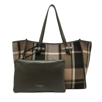 Borsa Shopping Donna Marcella tessuto tartan Verde militare con pochette