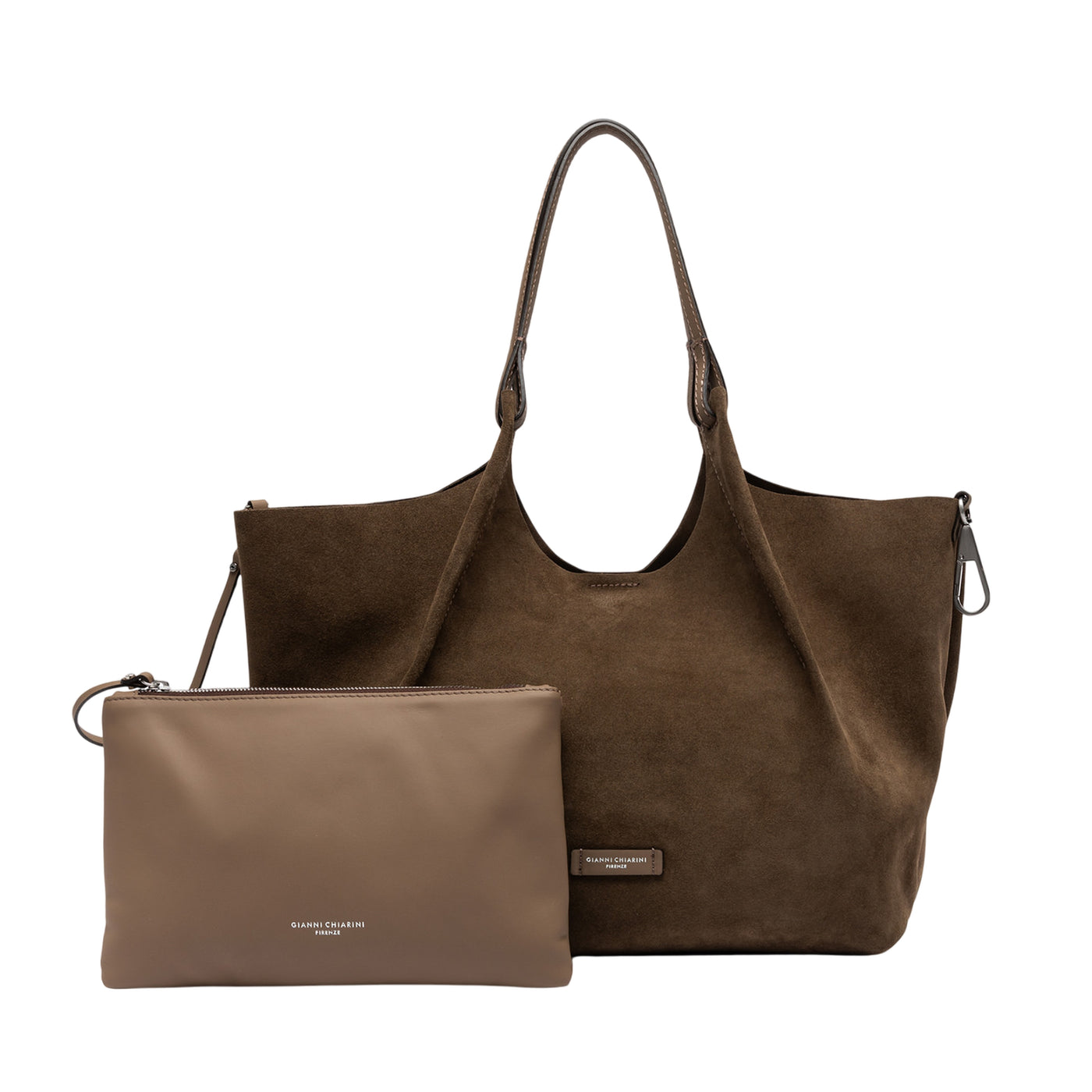 Borsa a spalla DUA in pelle scamosciata marrone con pochette in pelle 