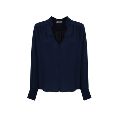 Blusa Donna Blu, con scollo a V e con maniche lunghe