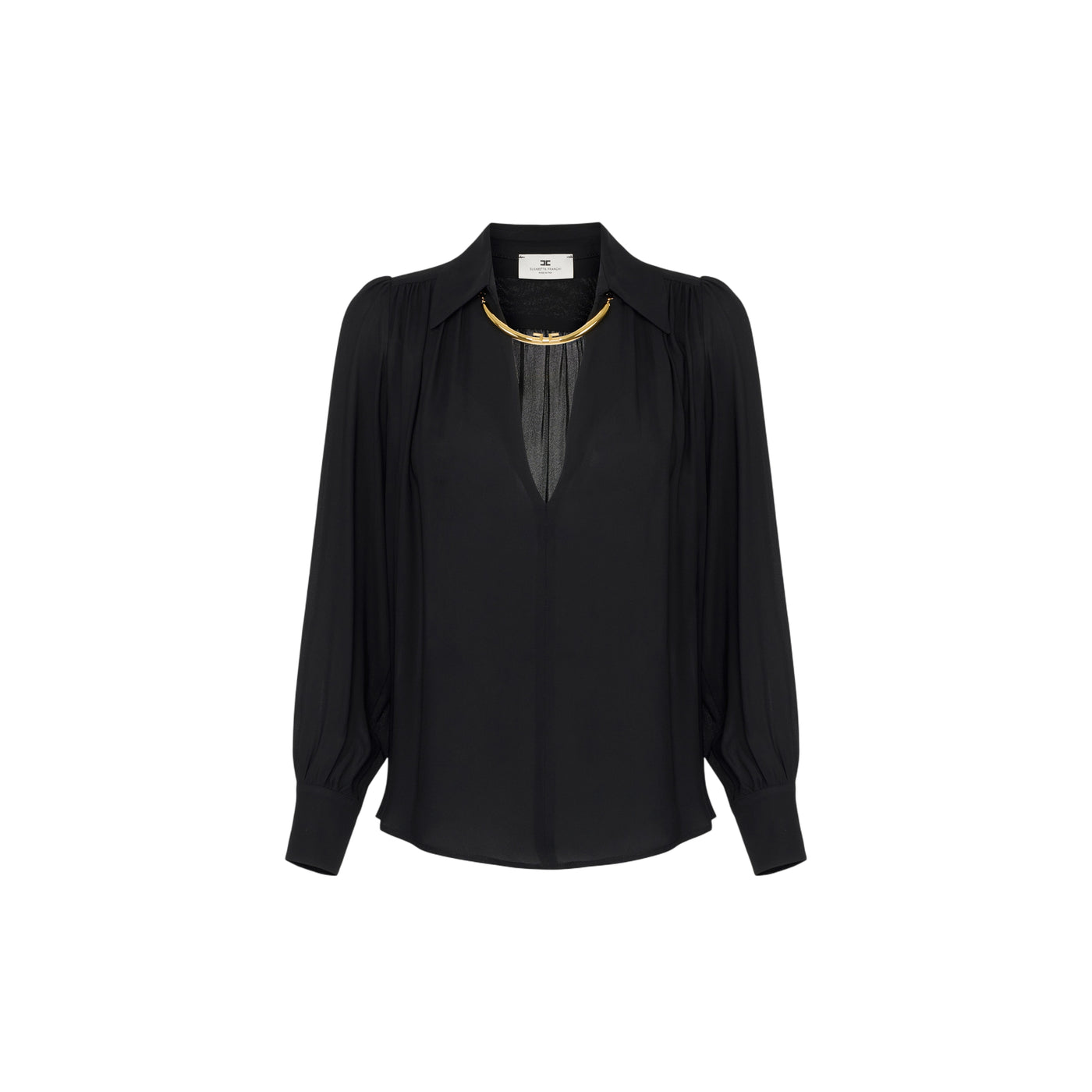 Acquista subito, la Camicia donna, in viscosa, scollo a V e collana tubolare in oro con logo, firmata Elisabetta Franchi su Old England: vieni a scoprire tutta la collezione sul nostro sito