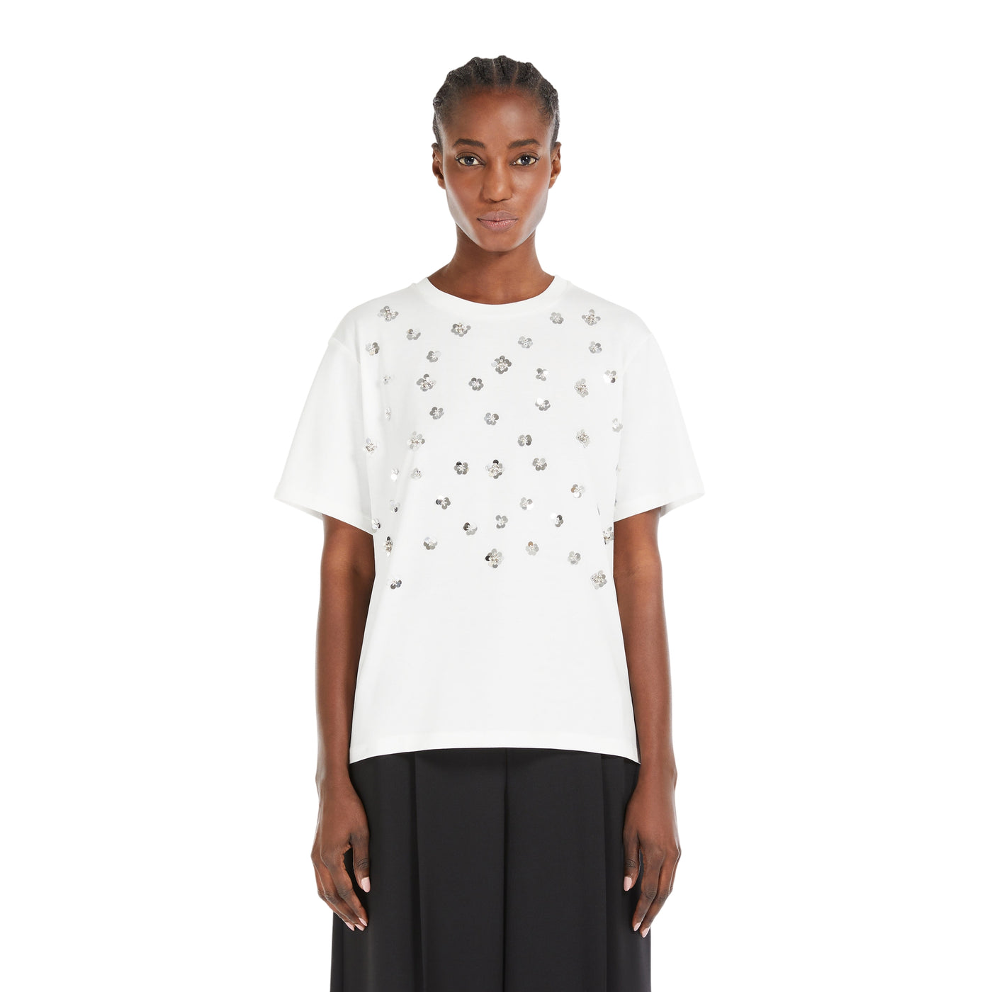 T-shirt Bianca Donna con applicazioni davanti modella frontale