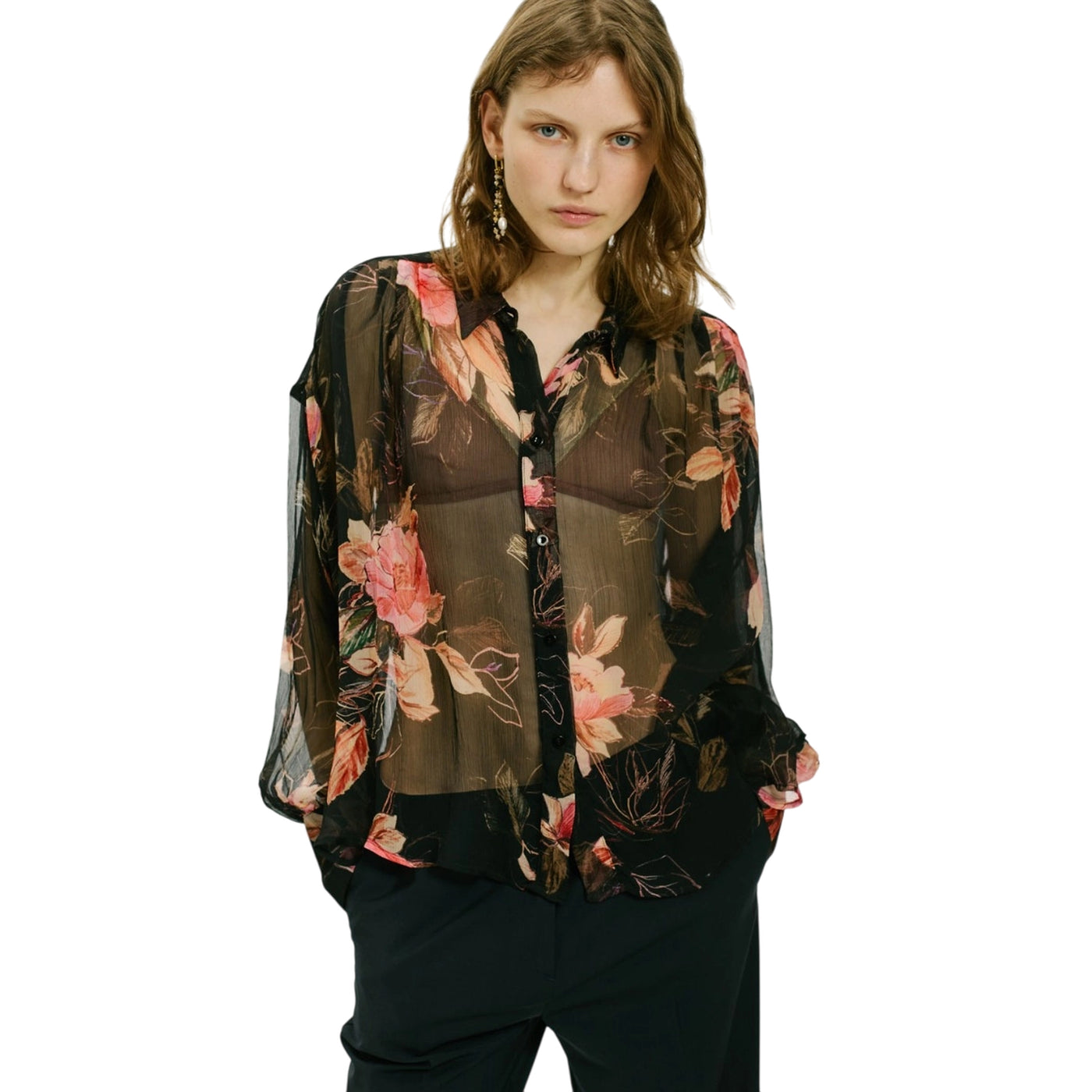 Camicia Camila da Donna in chiffon stampato modella frontale