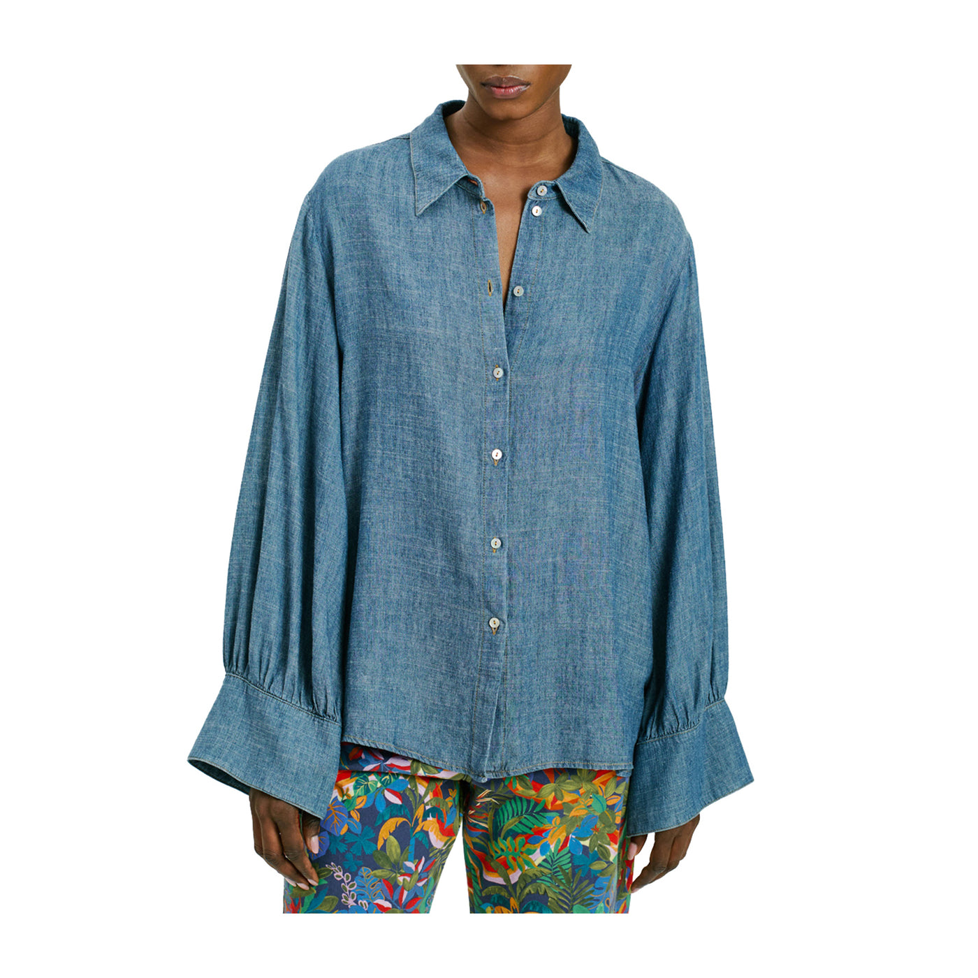 Camicia Donna in denim, con colletto a vela e maniche ampie