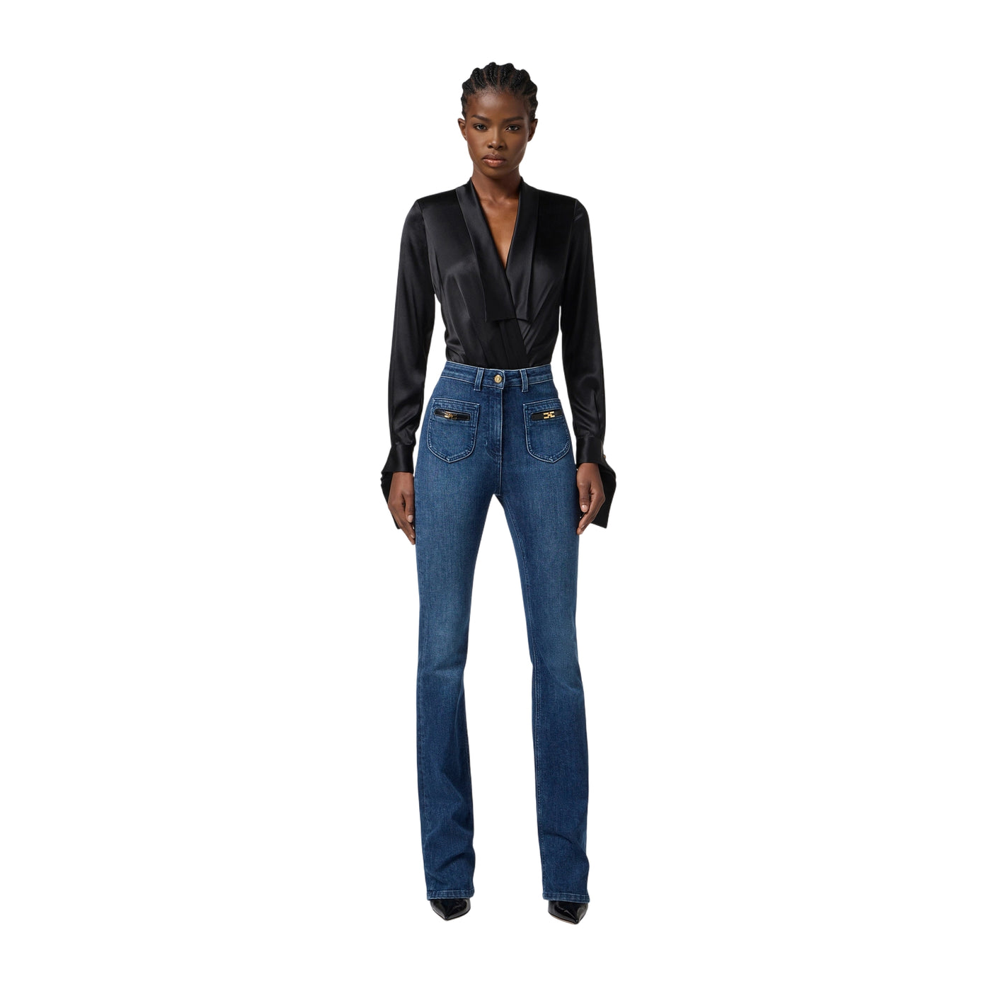 Camicia Donna a body in raso nero modella frontale