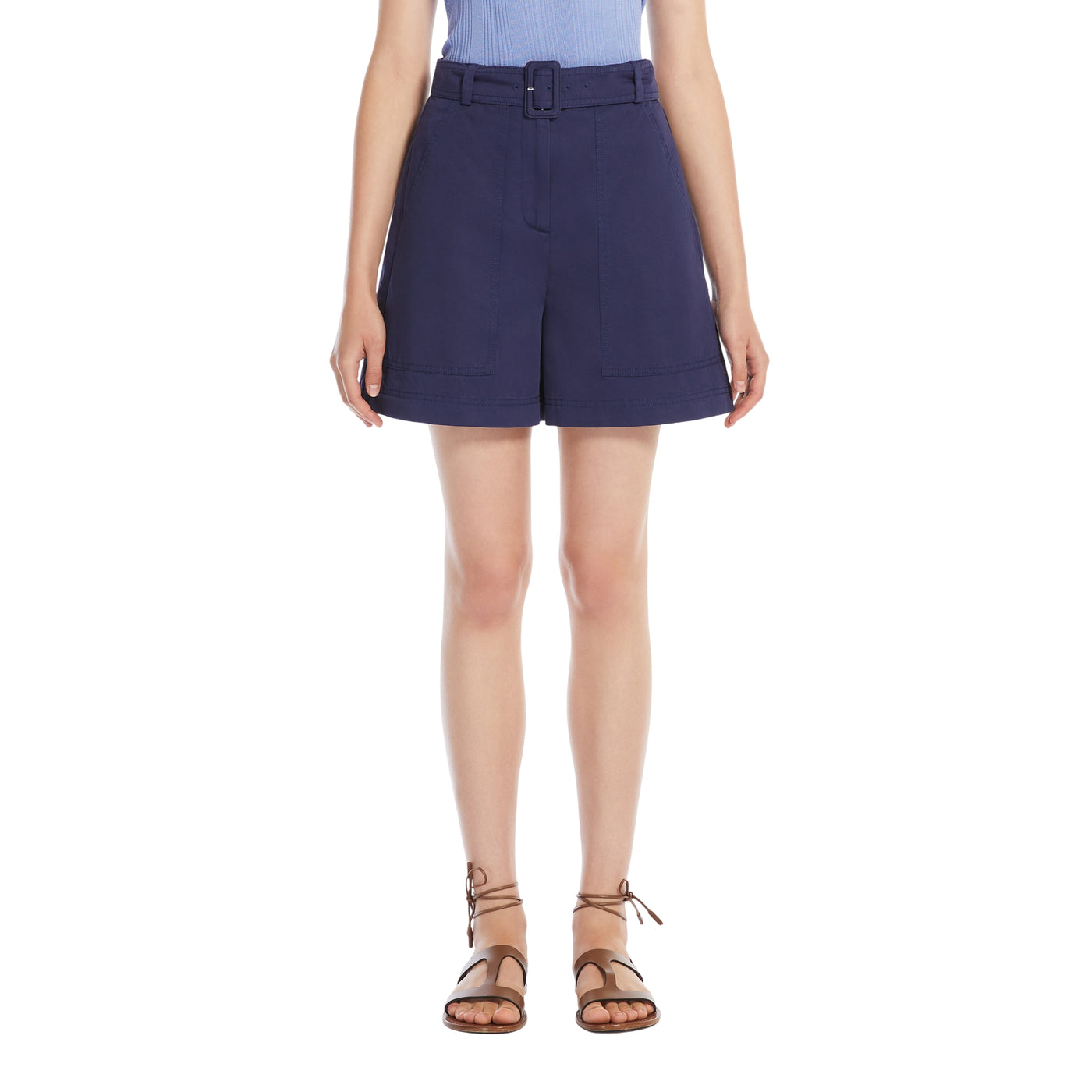 Bermuda Donna in cotone e lino Blu modella frontale