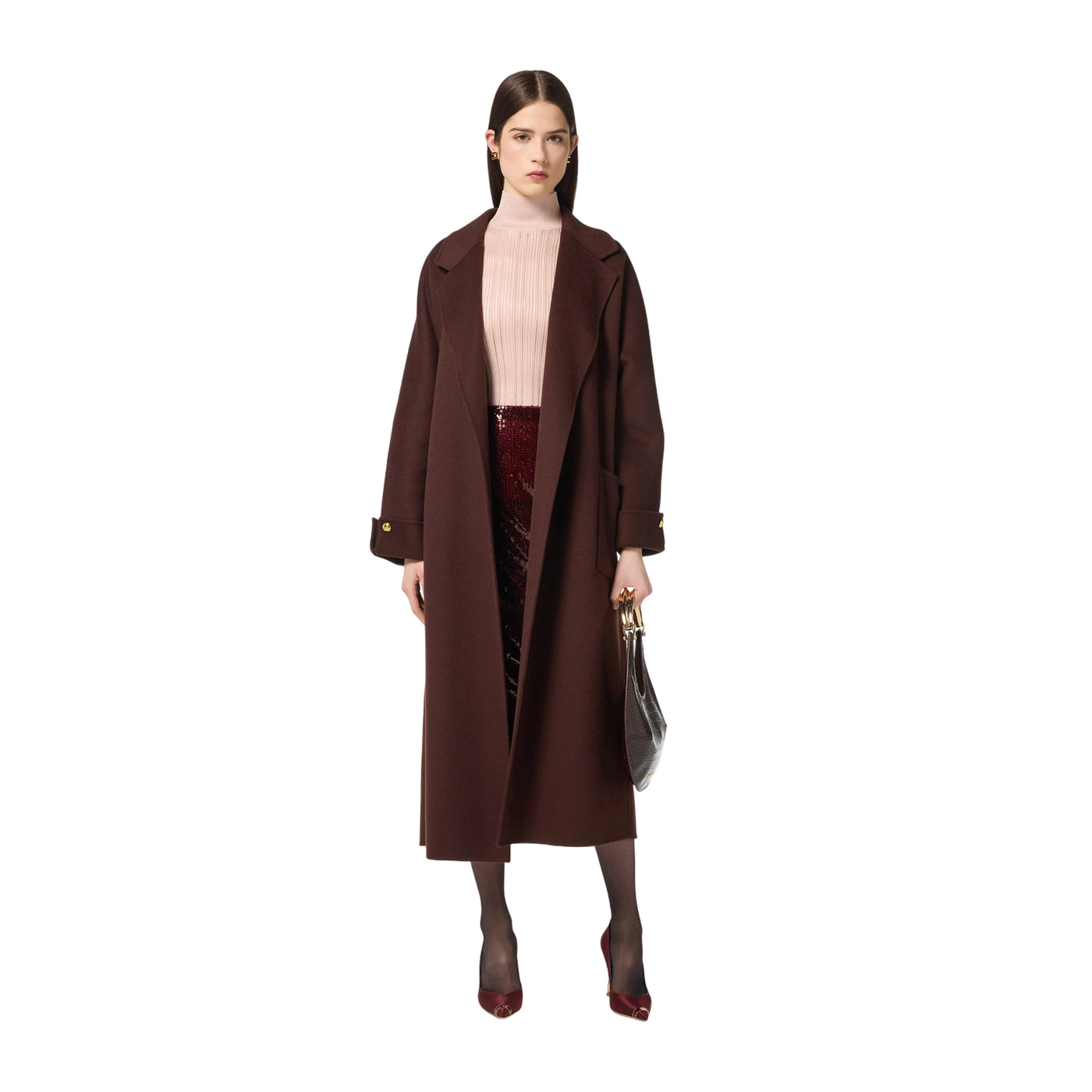 Cappotto Donna in lana marrone con cintura modella frontale