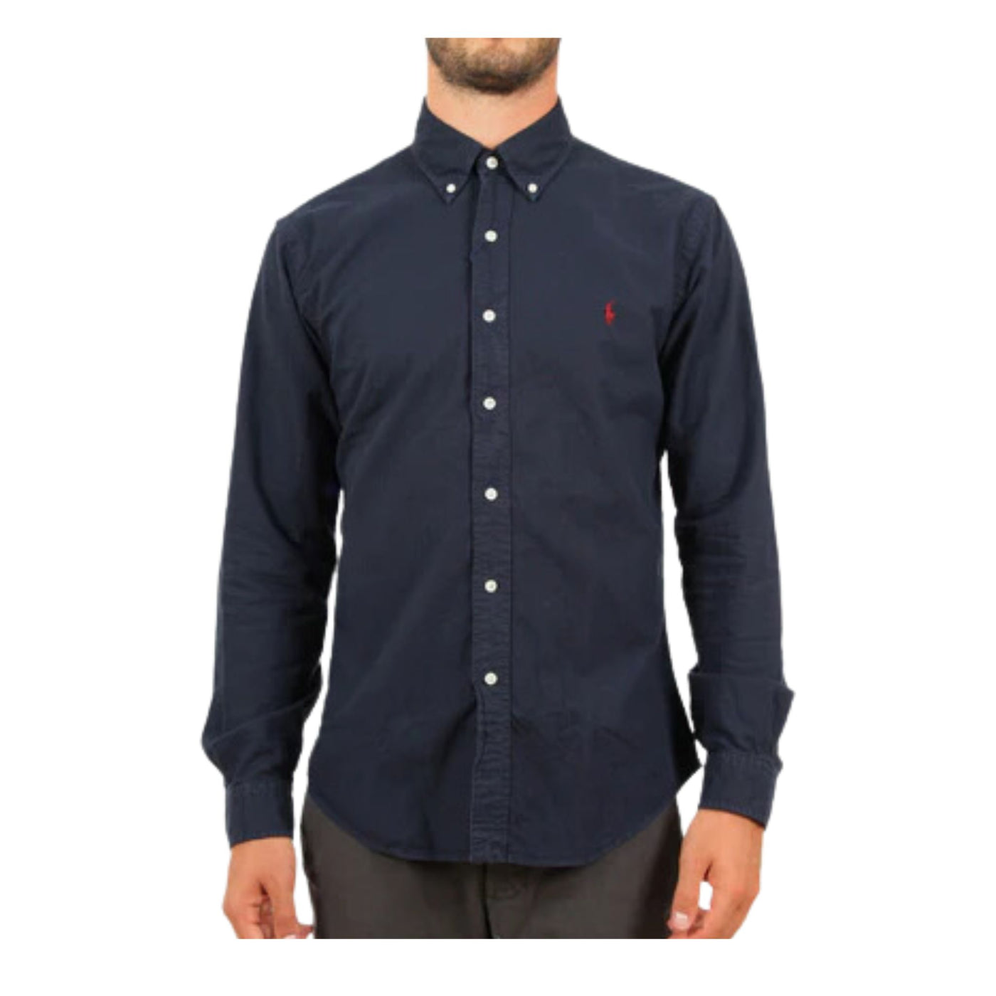 Immagine frontale della camicia blu da uomo firmata Ralph Lauren,con colleto classico,manica lunga e chiusura con bottoni.