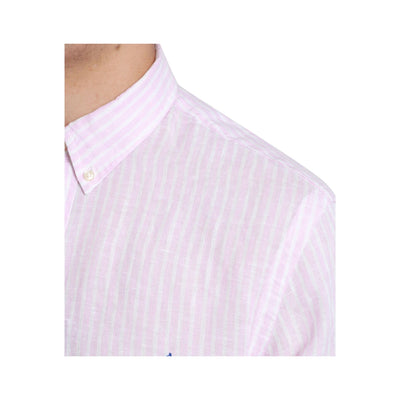 Dettaglio ravvicinato Camicia in lino con motivo a righe e maniche lunghe e colletto button down