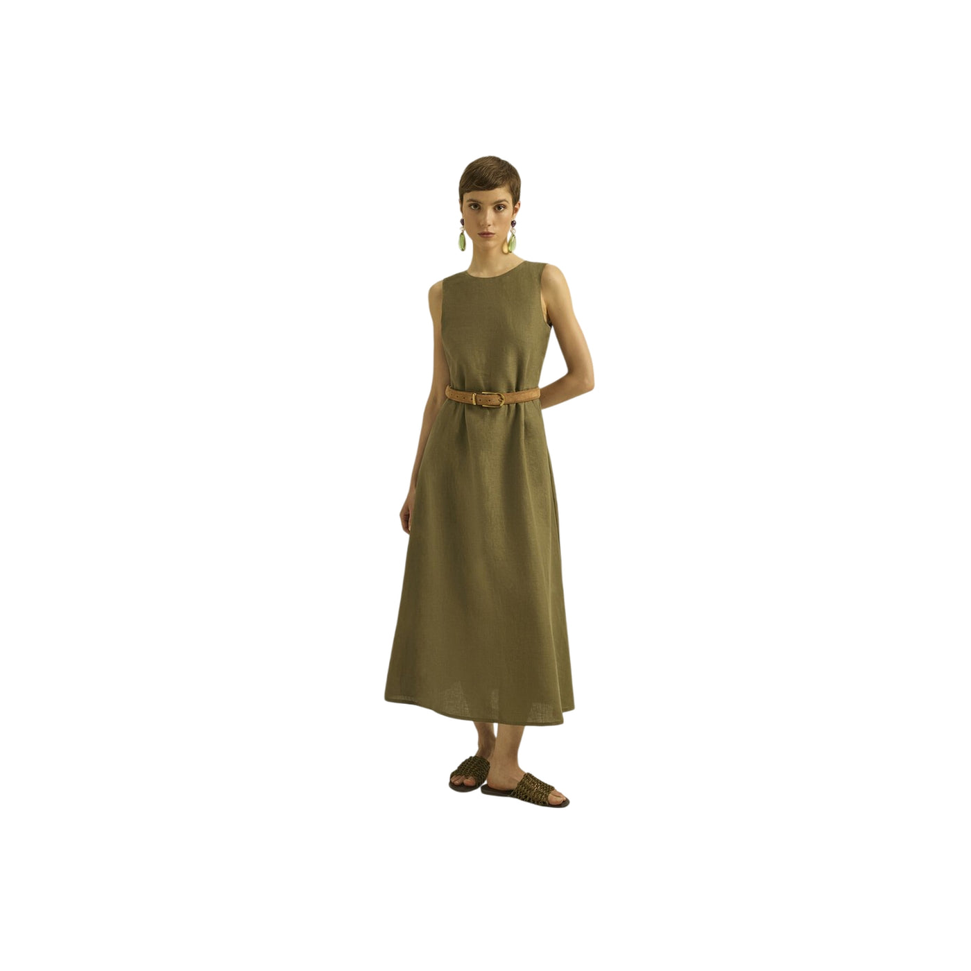 Abito Daisy da Donna in lino verde militare modella frontale