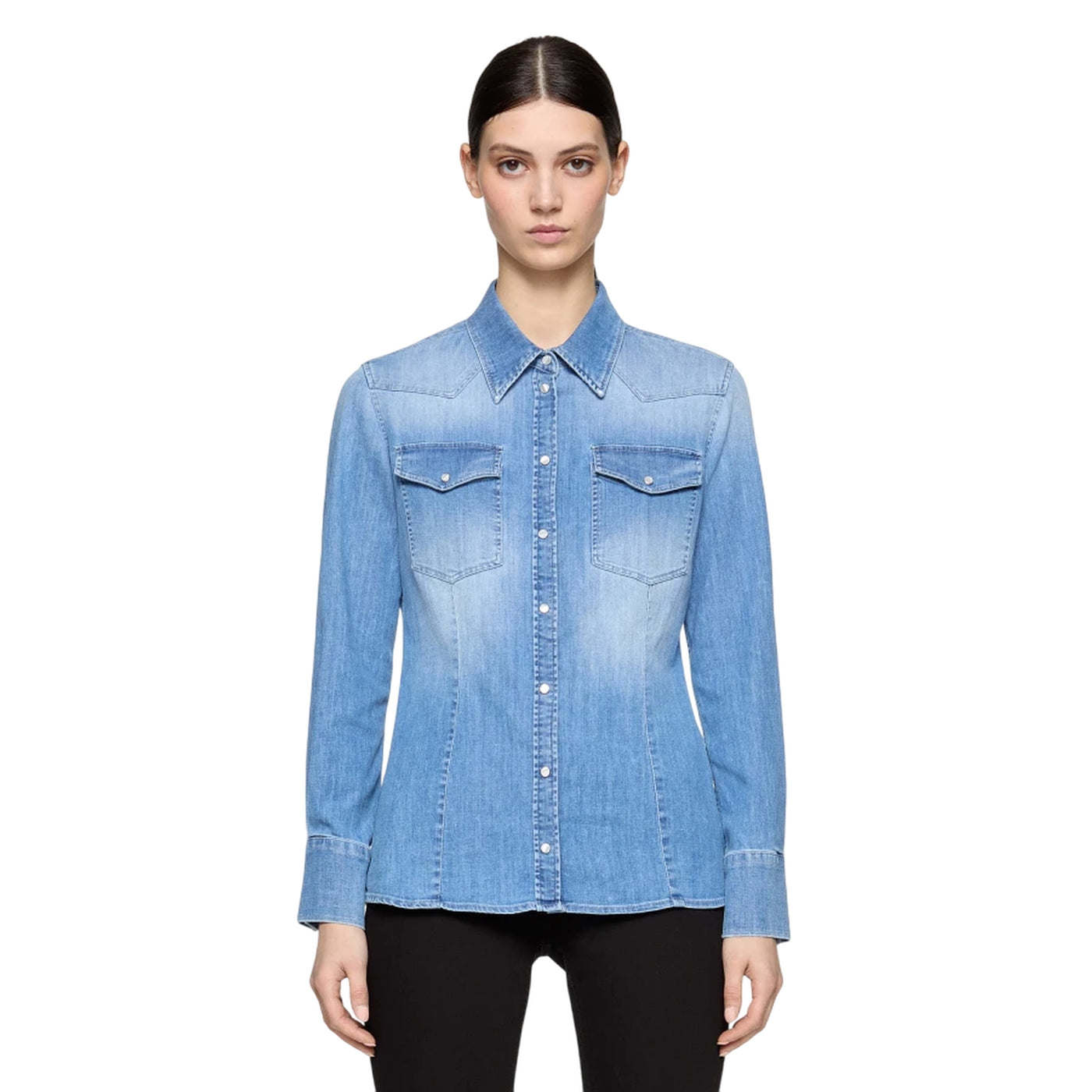 Camicia Slim da Donna in denim stretch modella frontale