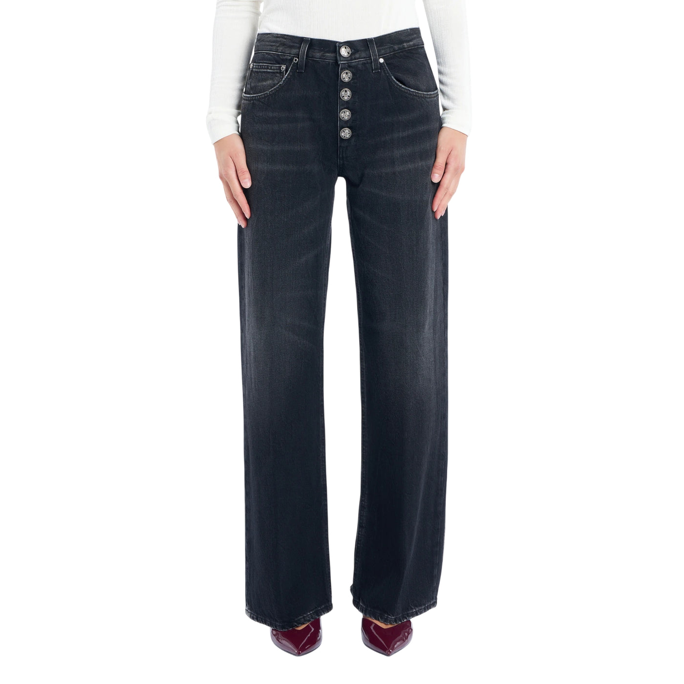 Jeans Donna a vita bassa, con bottoni gioiello