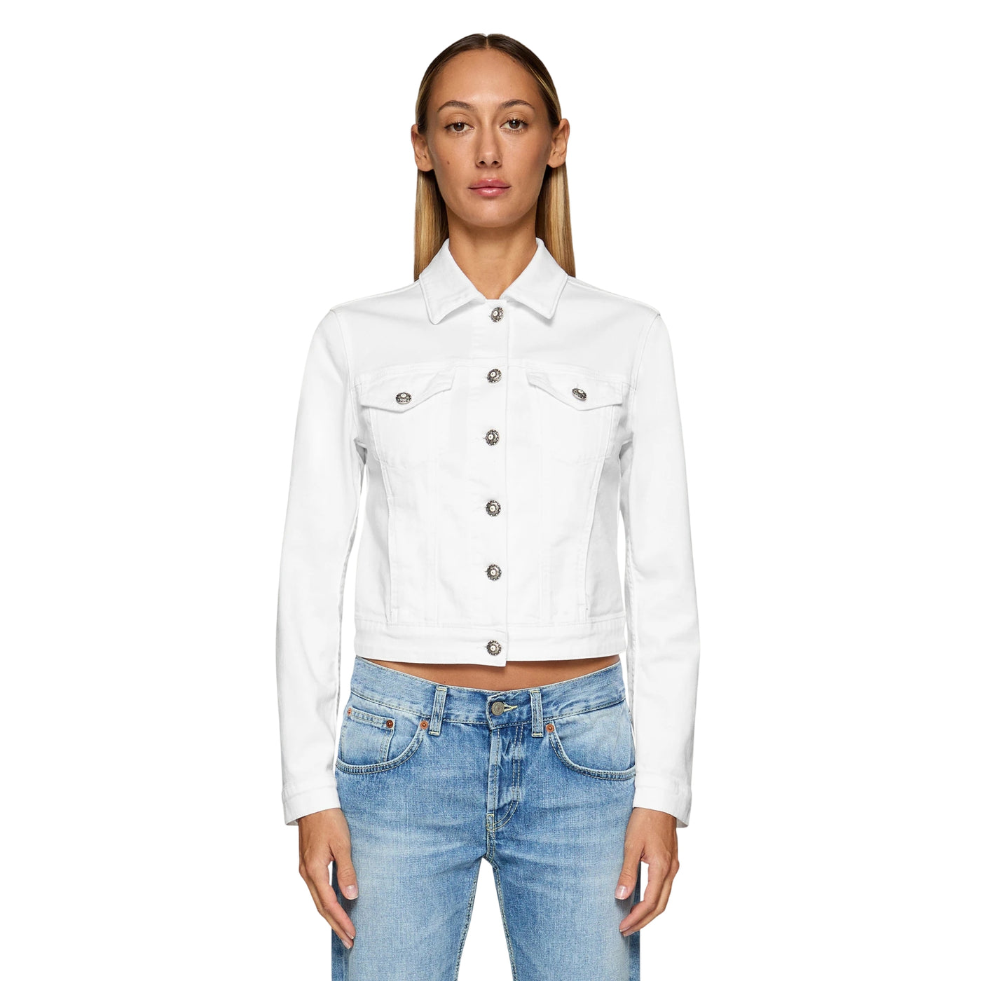 Giubbino Donna slim in bull stretch bianco modella frontale