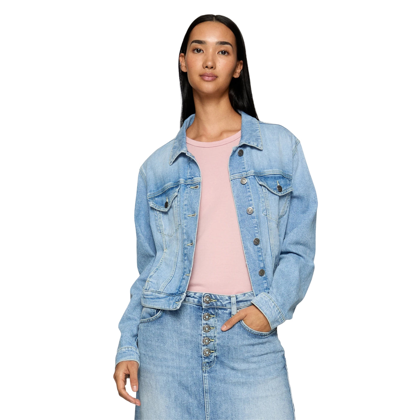 Giubbino Donna slim in denim stretch modella frontale
