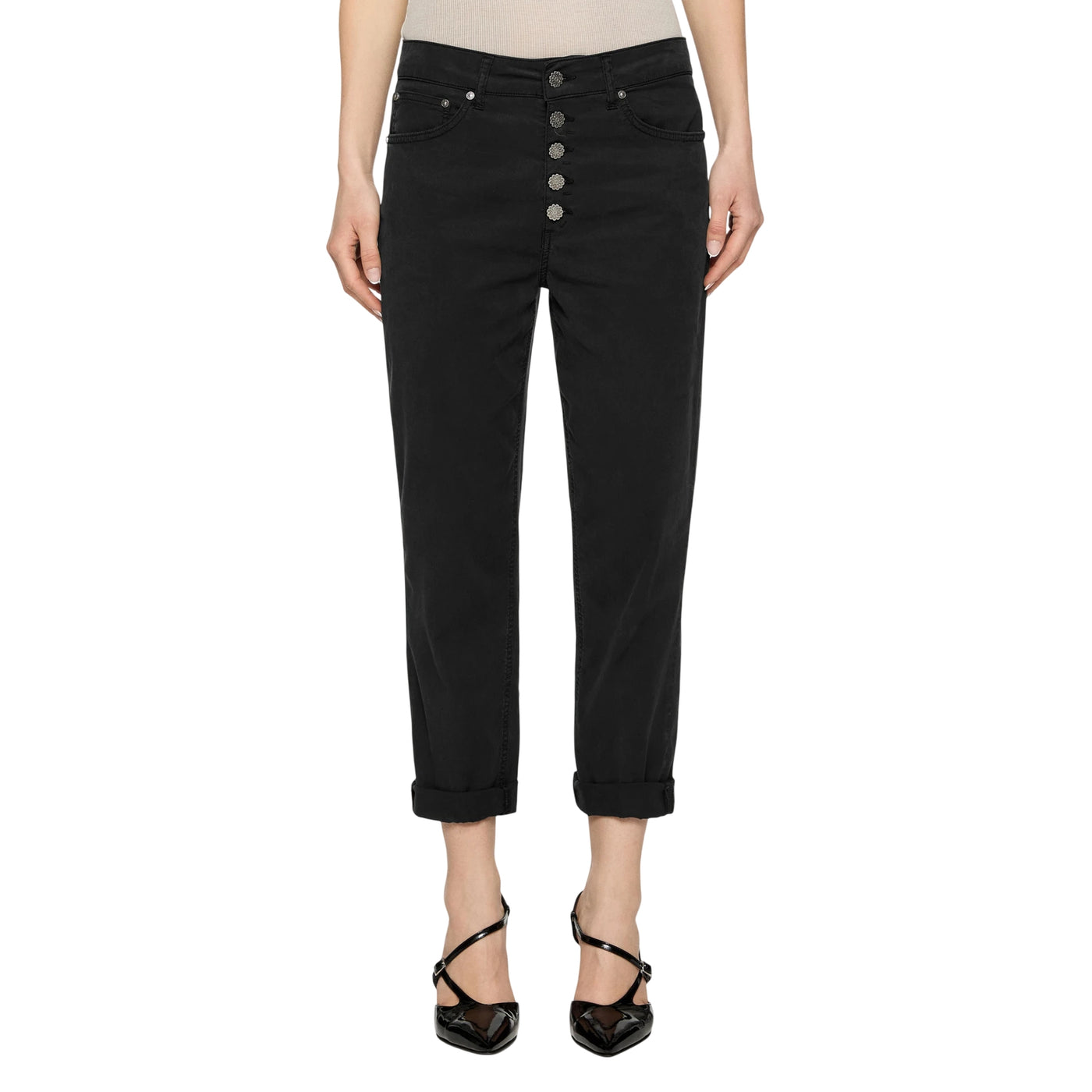Pantaloni Donna Koons loose Nero con bottoni gioiello modella frontale