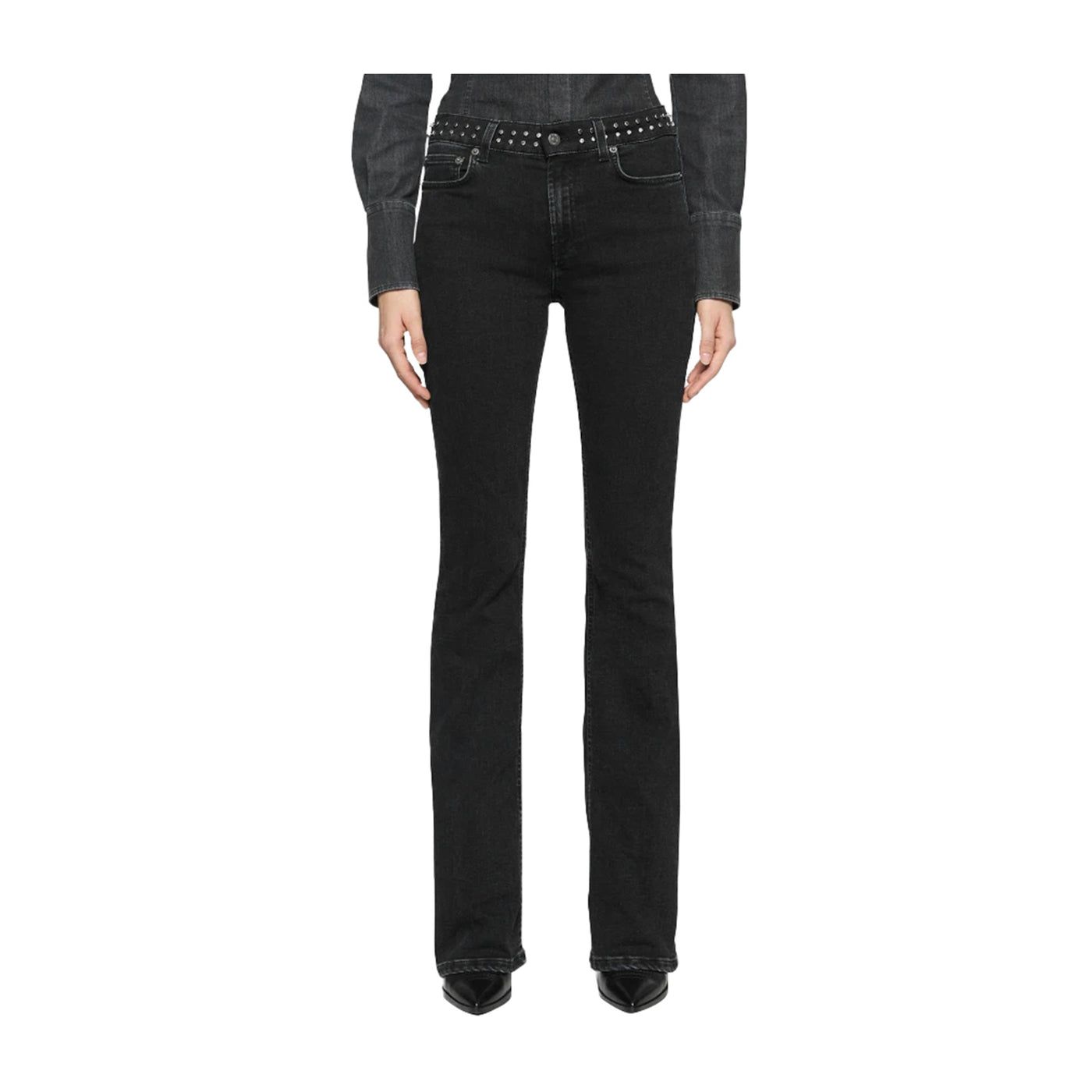 Jeans Donna Newlola bootcut Nero con borchiette modella frontale