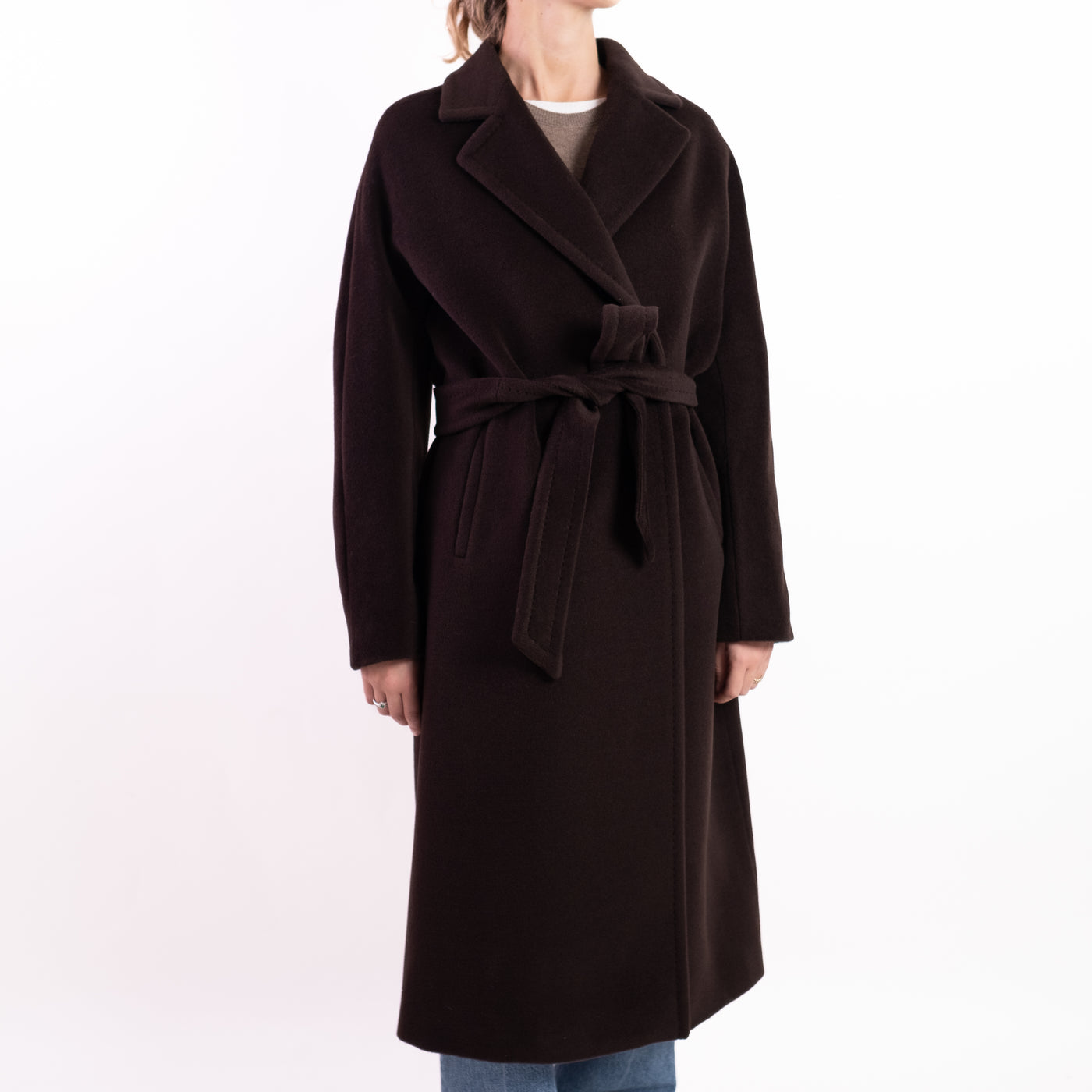 Cappotto Donna lungo marrone con cinta in vita