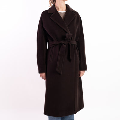 Cappotto Donna lungo marrone con cinta in vita