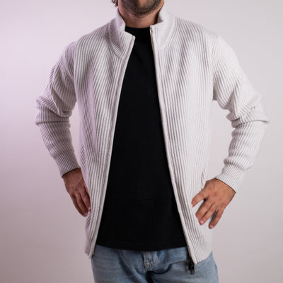 Cardigan Uomo a coste con zip avorio