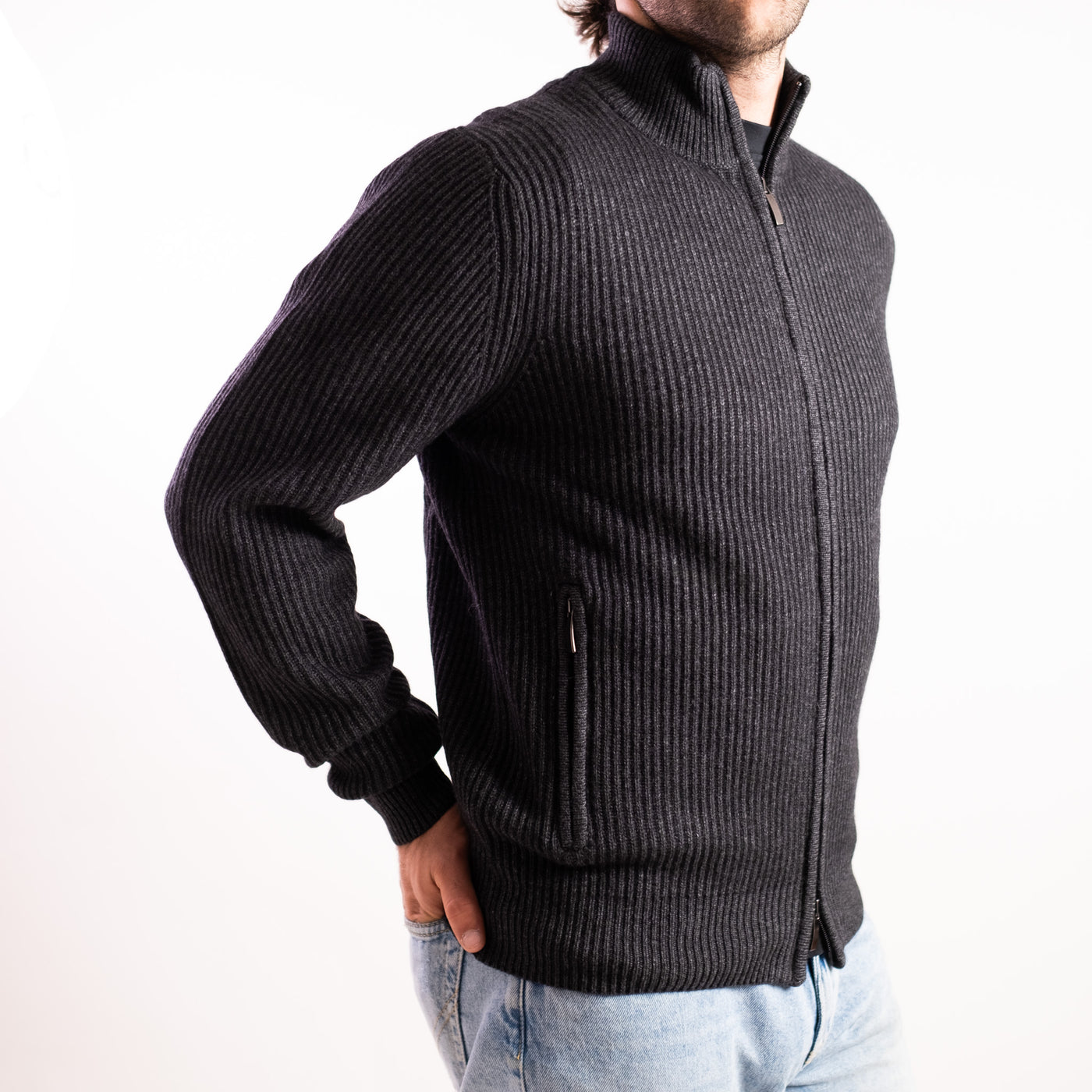 Cardigan Uomo a coste con zip grigio scuro