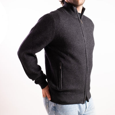 Cardigan Uomo a coste con zip grigio scuro