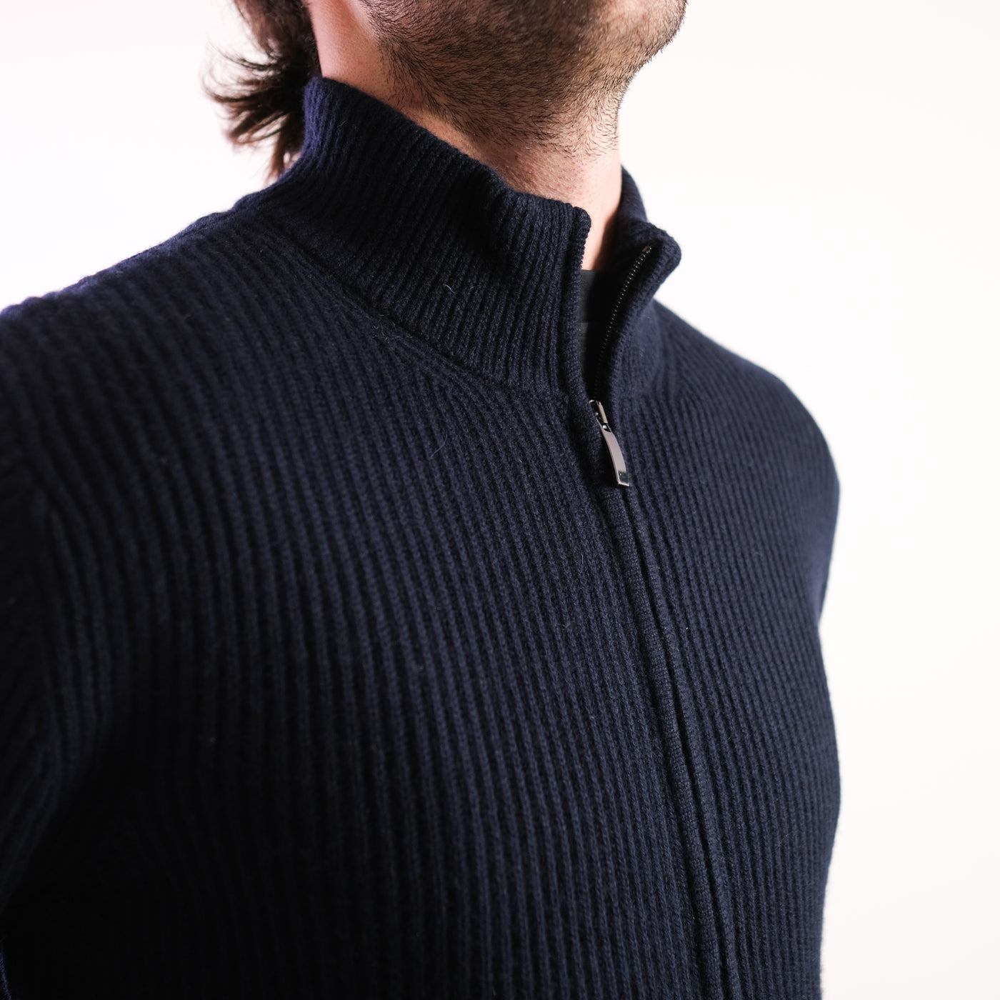 Cardigan Uomo a coste con zip navy dettaglio
