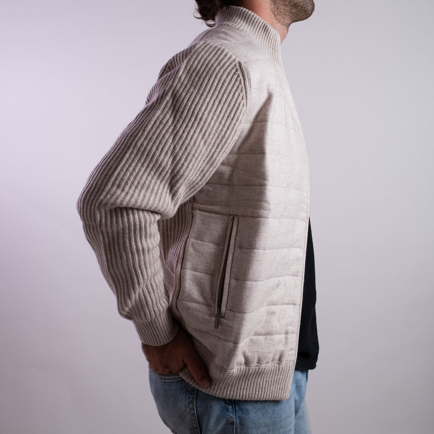 Cardigan Uomo imbottito davanti con zip beige
