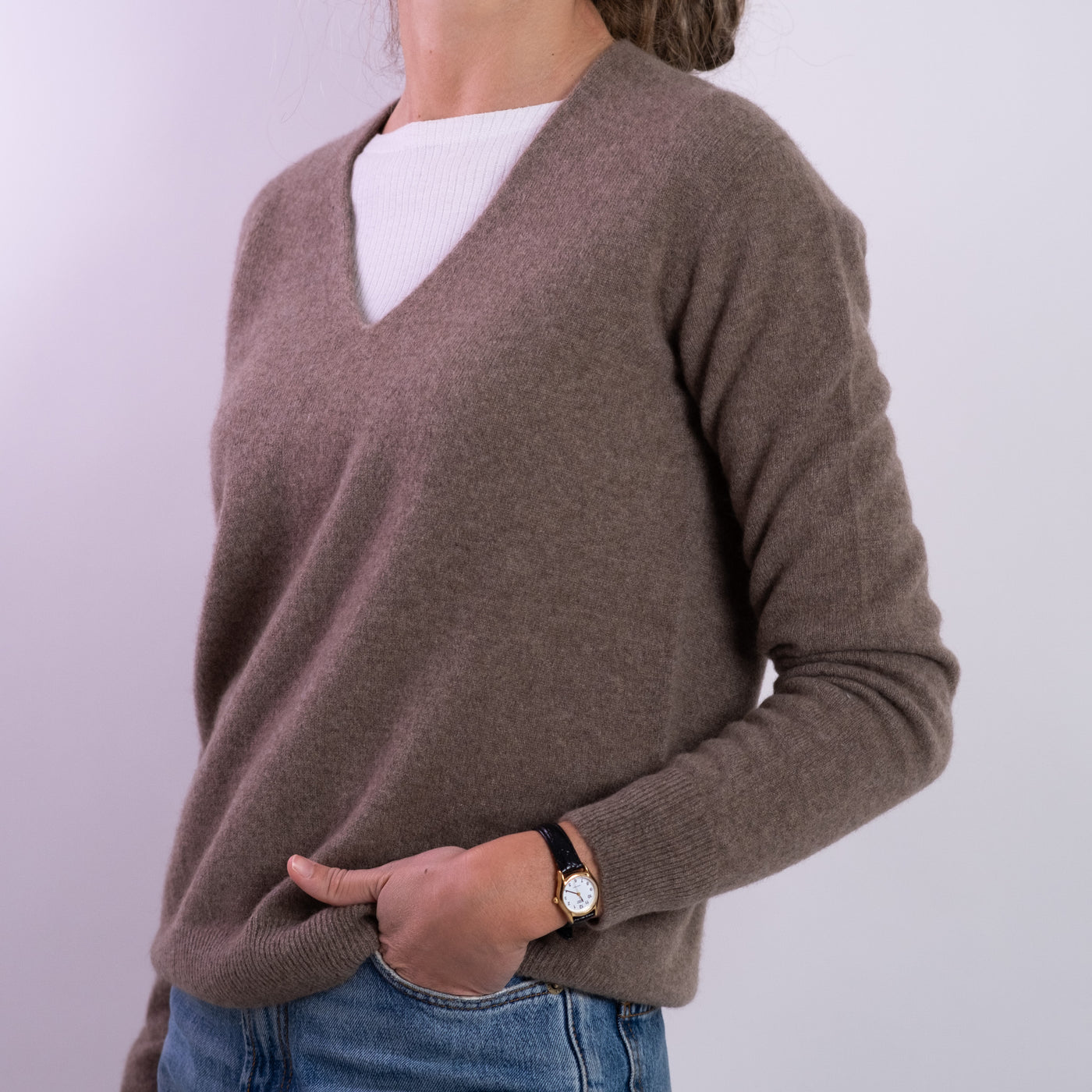 Maglia Donna in cashmere marrone con scollo a V