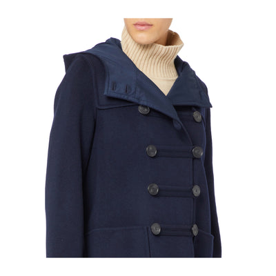 Cappotto Donna Blu con chiusura doppiopetto e cappuccio